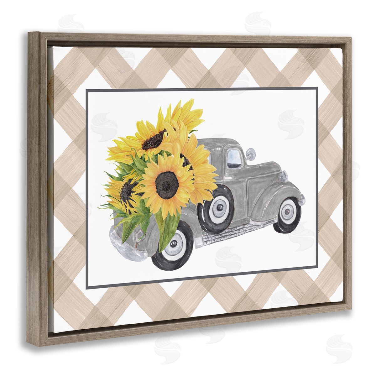 Lettered and Lined Country Vintage Truck Carrying Sunflowers Plaid Brown Floating Frame Canvas Wall Art Print