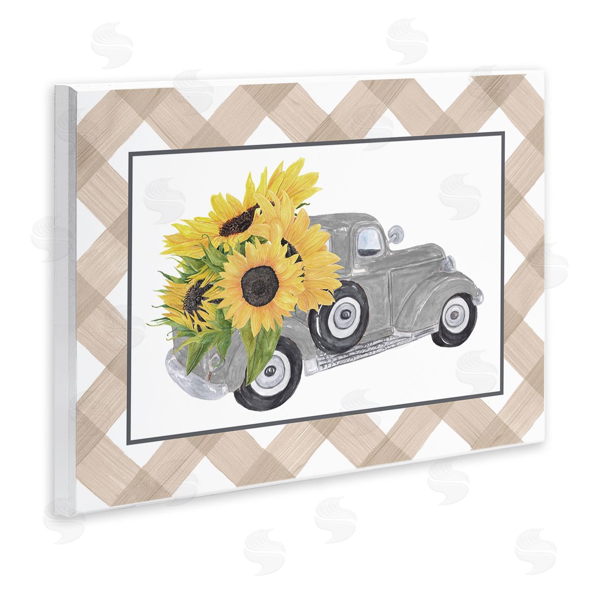 Lettered and Lined Country Vintage Truck Carrying Sunflowers Plaid Wall Plaque Art Print
