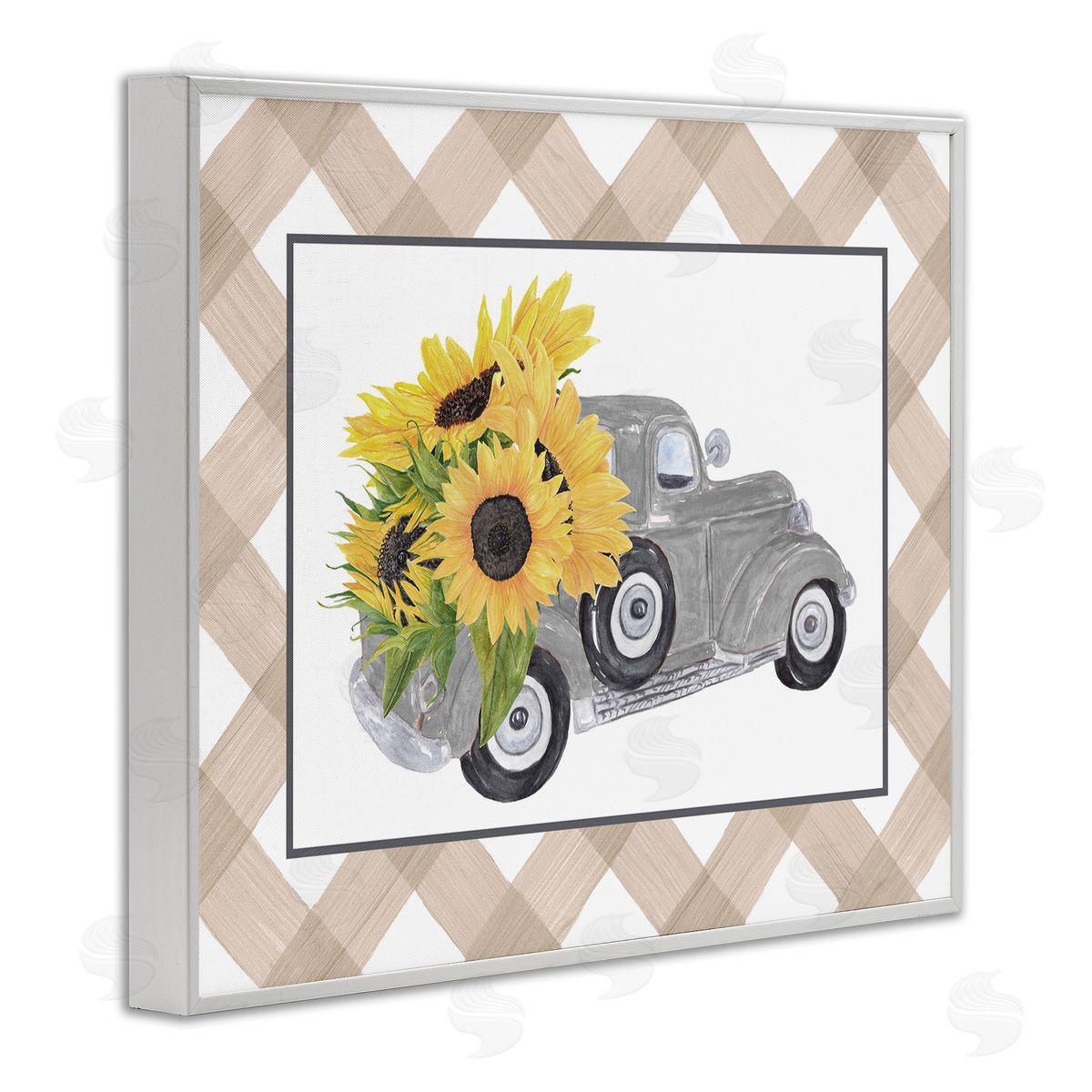 Lettered and Lined Country Vintage Truck Carrying Sunflowers Plaid White Framed Giclee Wall Art Print