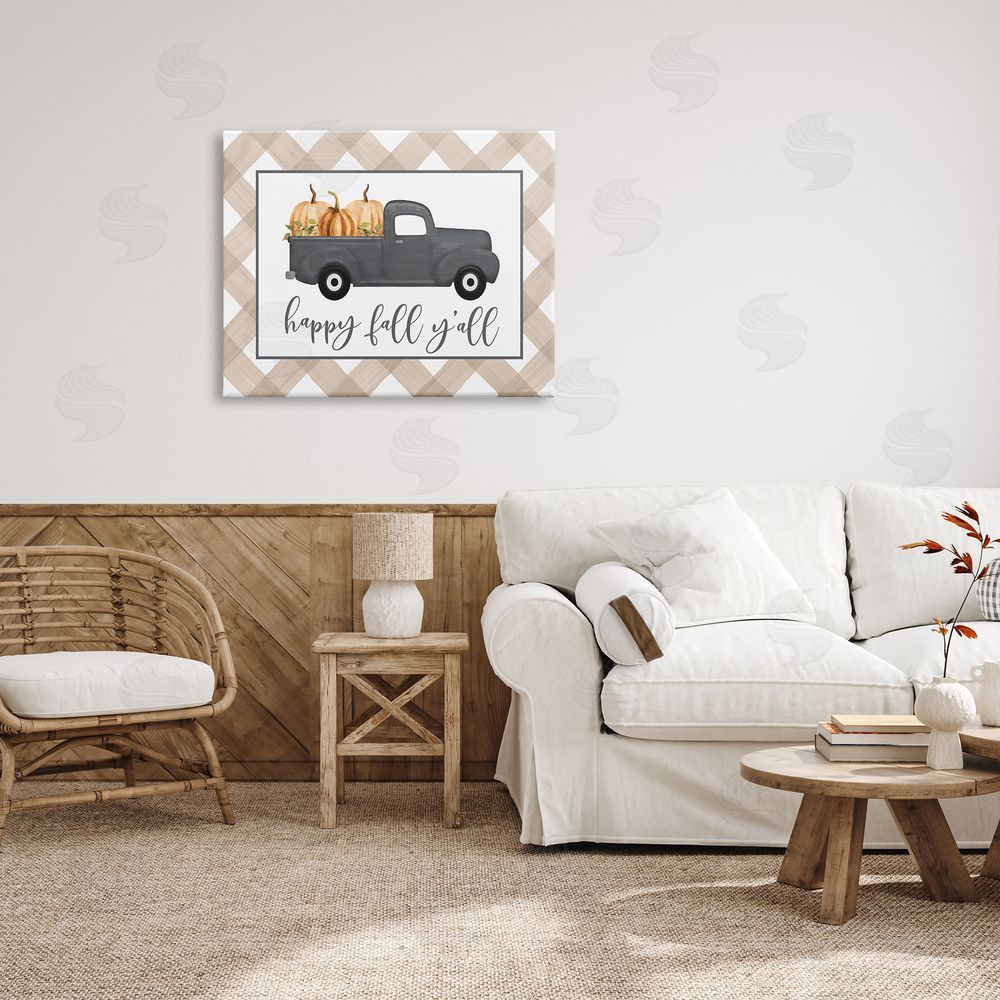 Lettered and Lined Happy Fall Y'all Vintage Truck Carrying Pumpkins Canvas Wall Art Print in Room