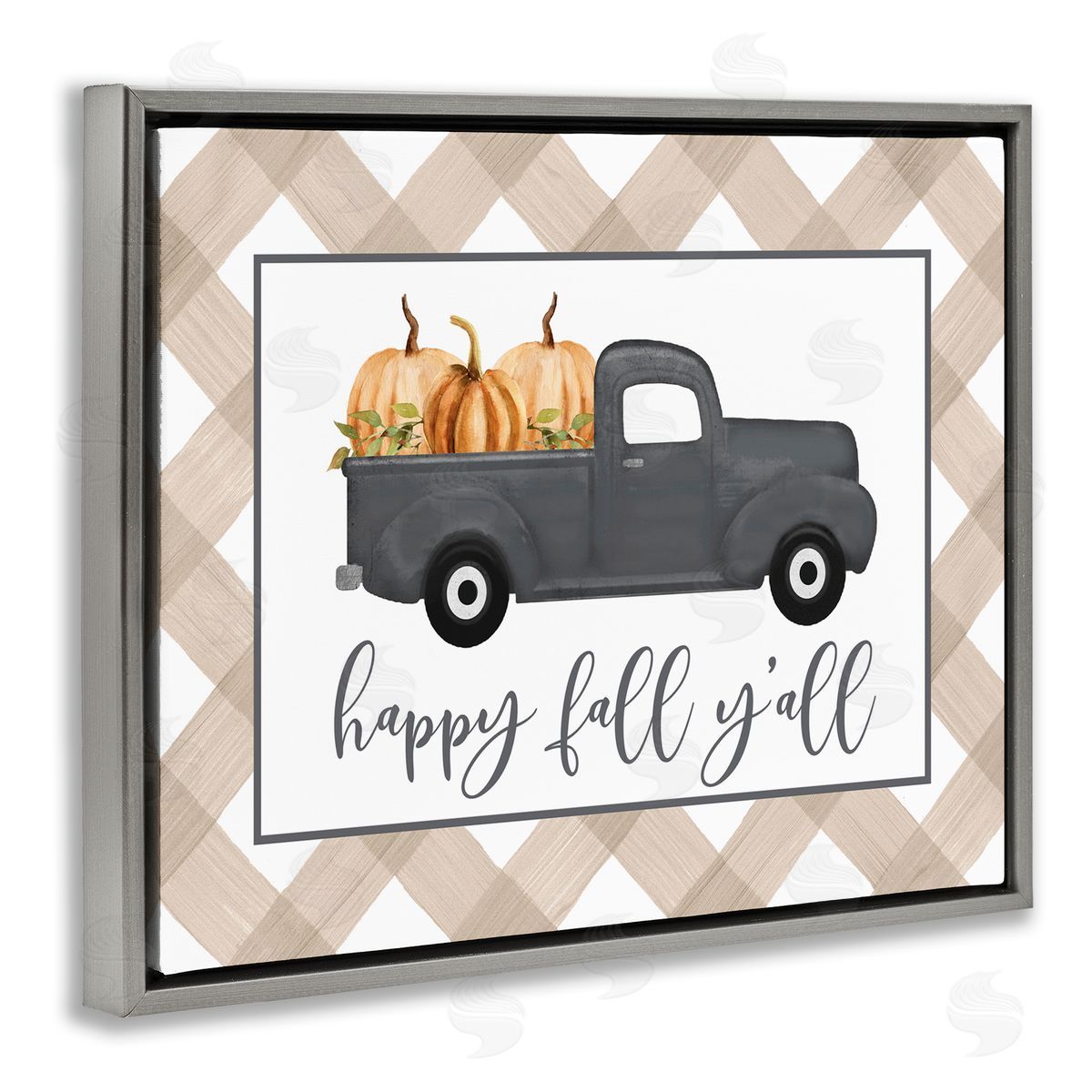 Lettered and Lined Happy Fall Y'all Vintage Truck Carrying Pumpkins Gray Floating Frame Canvas Wall Art Print