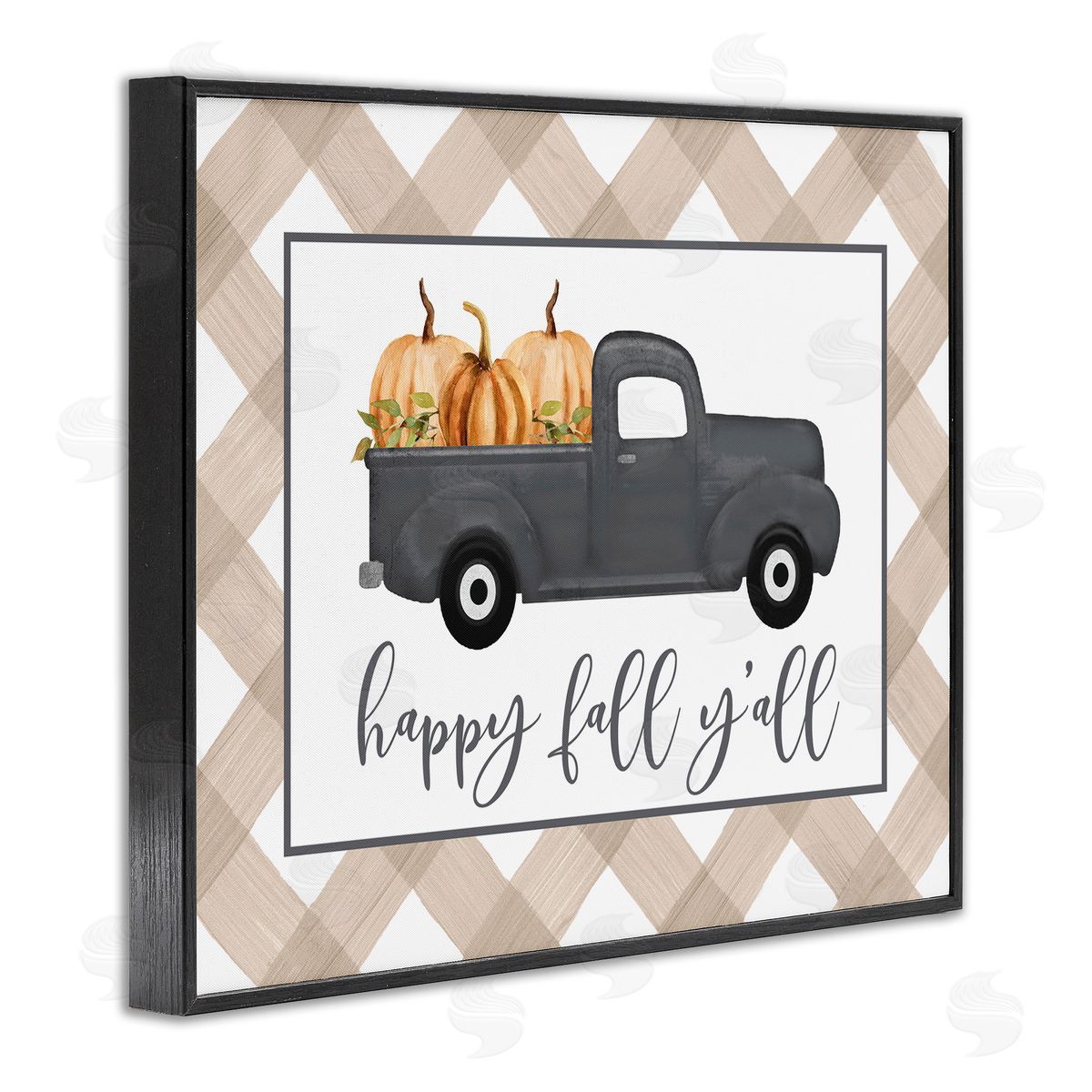 Lettered and Lined Happy Fall Y'all Vintage Truck Carrying Pumpkins Black Framed Giclee Wall Art Print