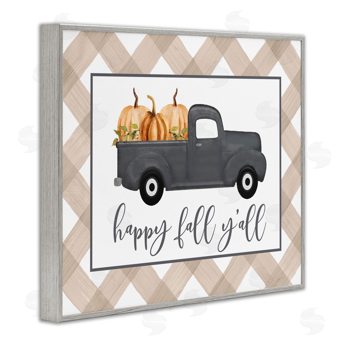Lettered and Lined Happy Fall Y'all Vintage Truck Carrying Pumpkins Gray Framed Giclee Wall Art Print