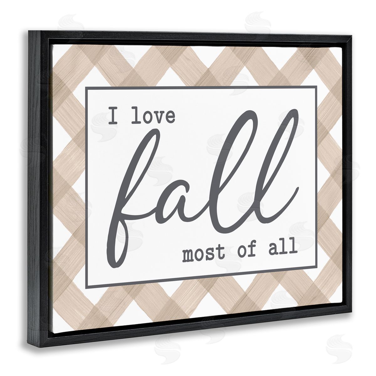 Lettered and Lined Love Fall Most Of All Autumn Calligraphy Plaid Sign Black Floating Frame Canvas Wall Art Print