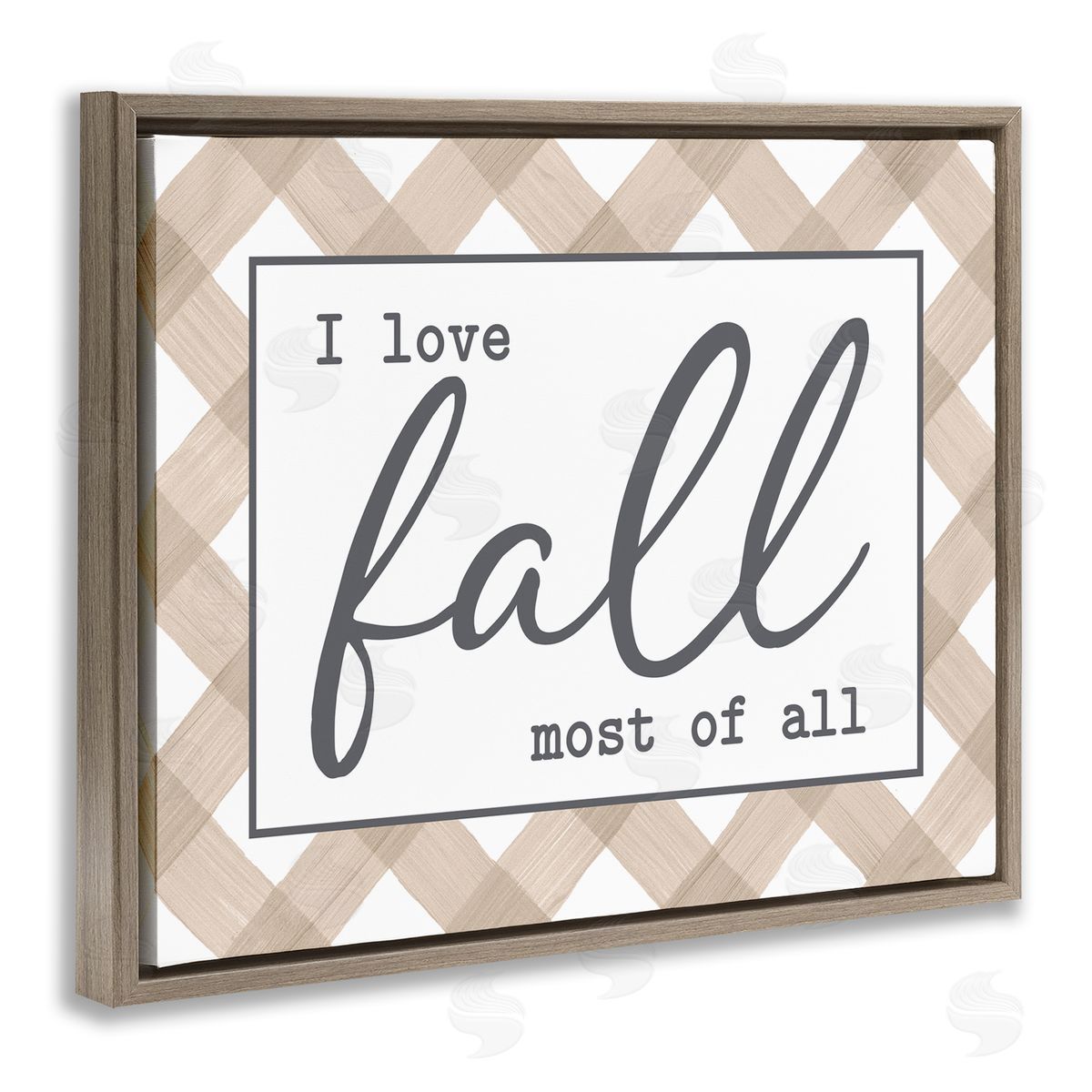 Lettered and Lined Love Fall Most Of All Autumn Calligraphy Plaid Sign Brown Floating Frame Canvas Wall Art Print