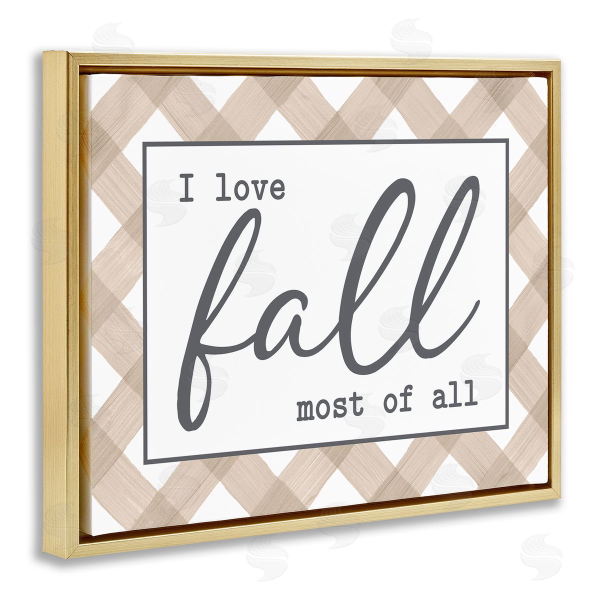 Lettered and Lined Love Fall Most Of All Autumn Calligraphy Plaid Sign Gold Floating Frame Canvas Wall Art Print