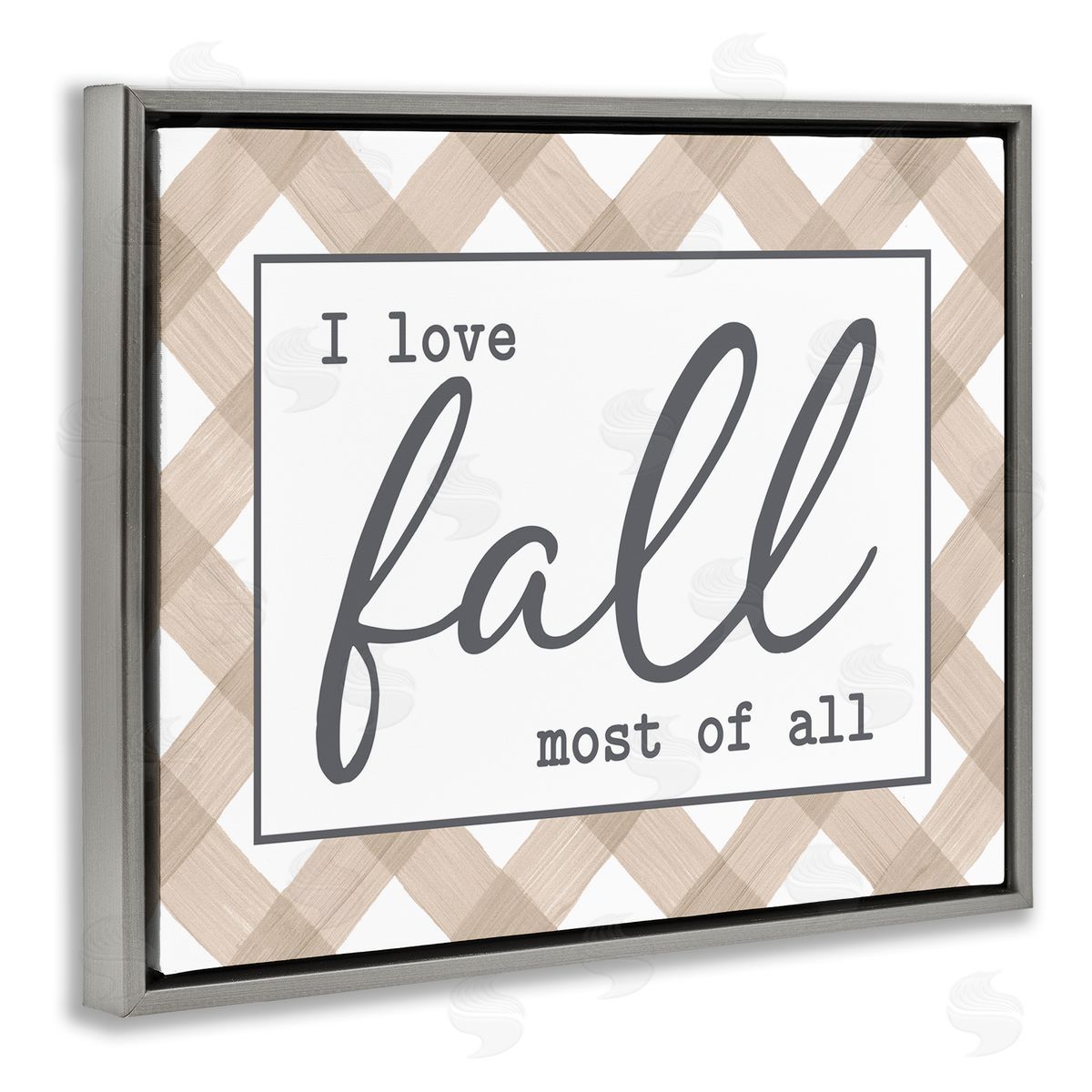 Lettered and Lined Love Fall Most Of All Autumn Calligraphy Plaid Sign Gray Floating Frame Canvas Wall Art Print