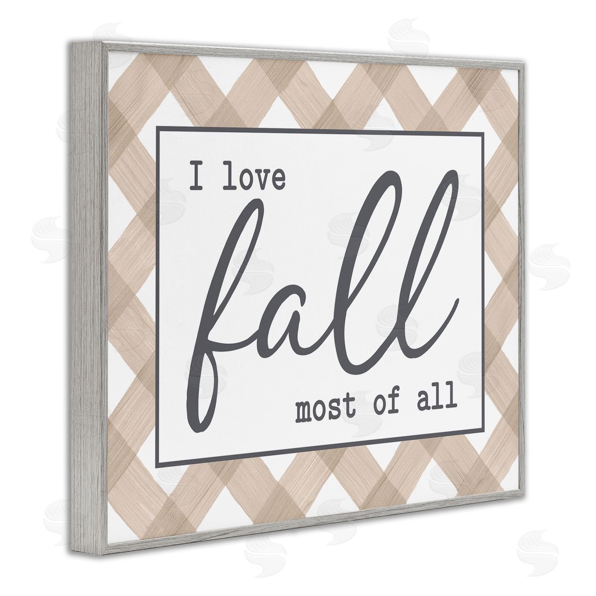 Lettered and Lined Love Fall Most Of All Autumn Calligraphy Plaid Sign Gray Framed Giclee Wall Art Print