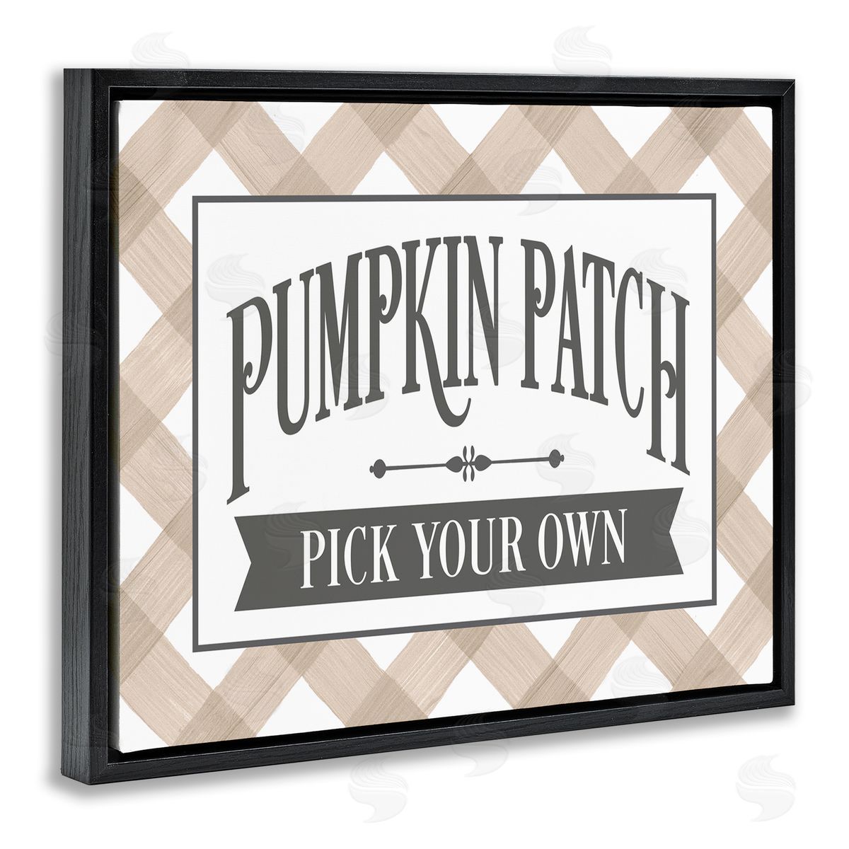 Lettered and Lined Pumpkin Patch Country Sign Autumnal Beige Plaid Black Floating Frame Canvas Wall Art Print