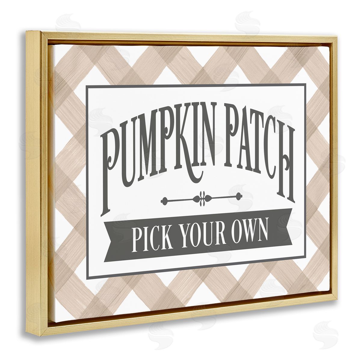 Lettered and Lined Pumpkin Patch Country Sign Autumnal Beige Plaid Gold Floating Frame Canvas Wall Art Print
