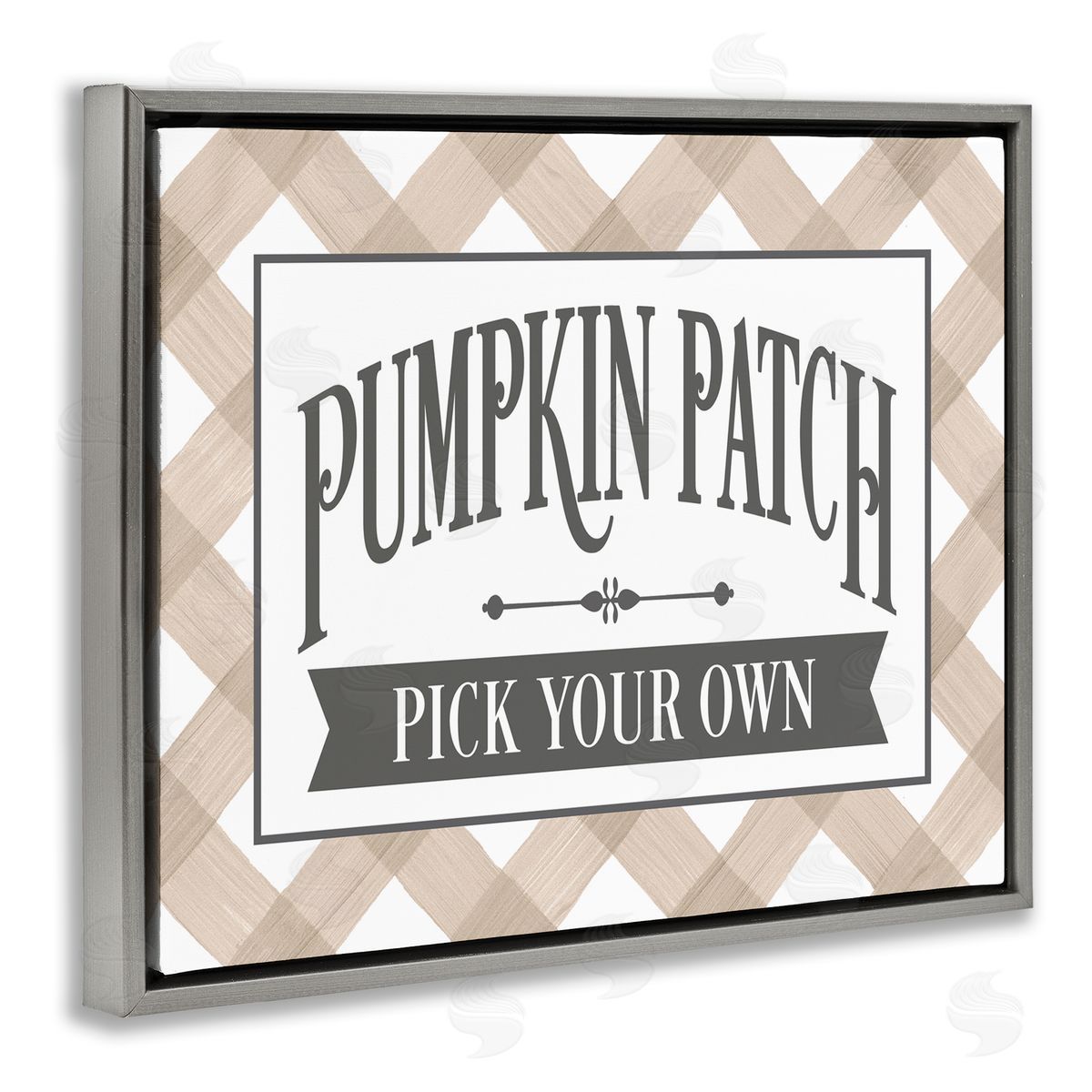 Lettered and Lined Pumpkin Patch Country Sign Autumnal Beige Plaid Gray Floating Frame Canvas Wall Art Print