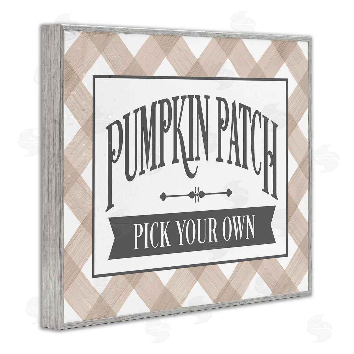 Lettered and Lined Pumpkin Patch Country Sign Autumnal Beige Plaid Gray Framed Giclee Wall Art Print