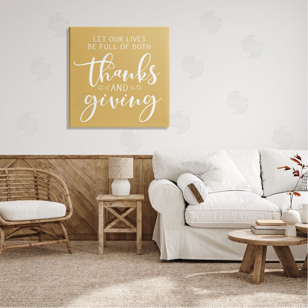 Lettered and Lined Uplifting Thanksgiving Calligraphy Phrase Warm Yellow Design Canvas Wall Art in Room