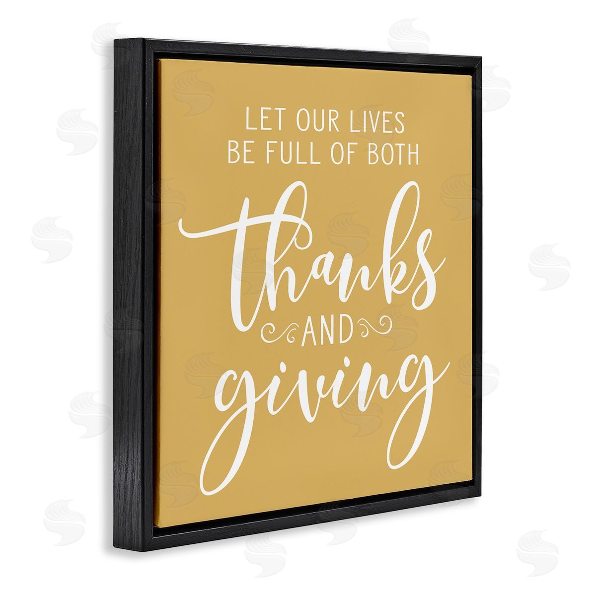 Lettered and Lined Uplifting Thanksgiving Calligraphy Phrase Warm Yellow Design Black Floating Frame Canvas Wall Art Print