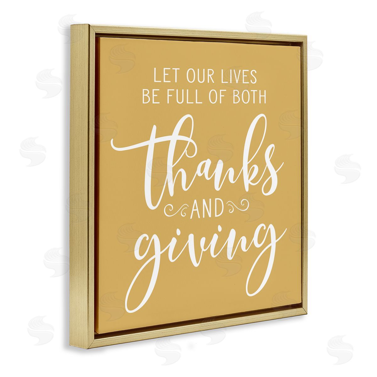 Lettered and Lined Uplifting Thanksgiving Calligraphy Phrase Warm Yellow Design Gold Floating Frame Canvas Wall Art Print