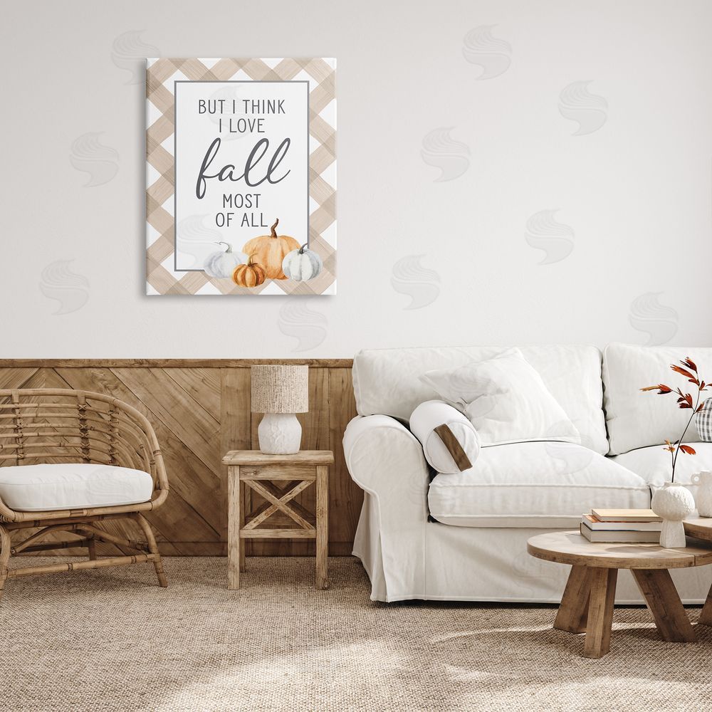 Lettered and Lined Love Fall Most Of All Autumn Pumpkins Plaid  Canvas Wall Art Print in Room