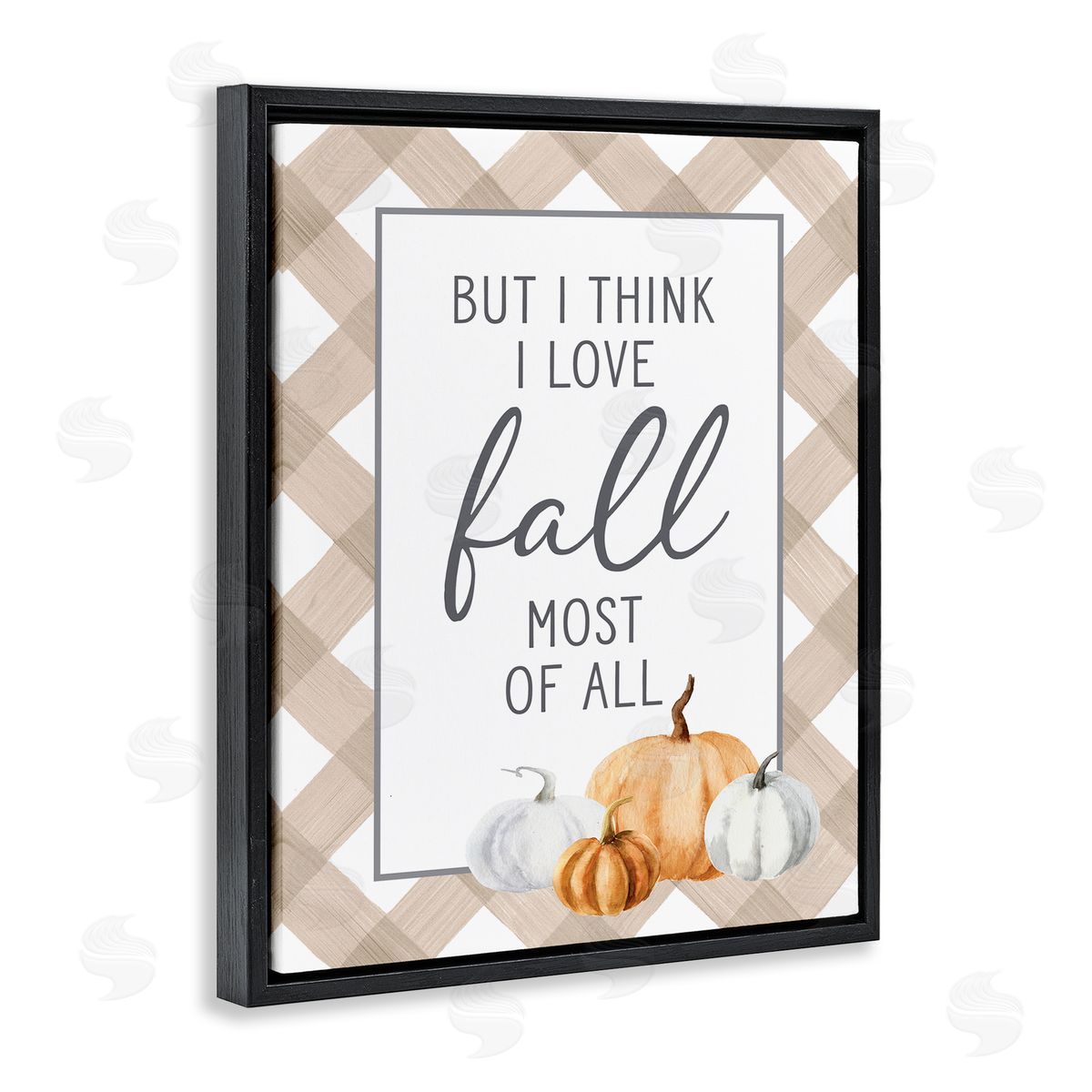 Lettered and Lined Love Fall Most Of All Autumn Pumpkins Plaid  Black Floating Frame Canvas Wall Art Print