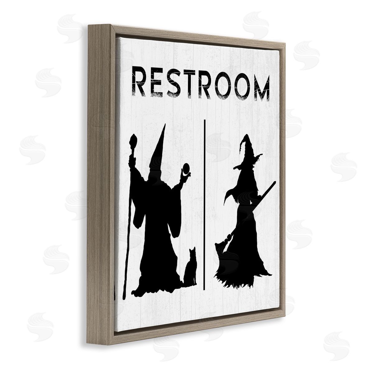 Stupell Studio Rustic Witch & Wizard Halloween Restroom Sign  Brown Floating Frame Canvas Wall Art Print