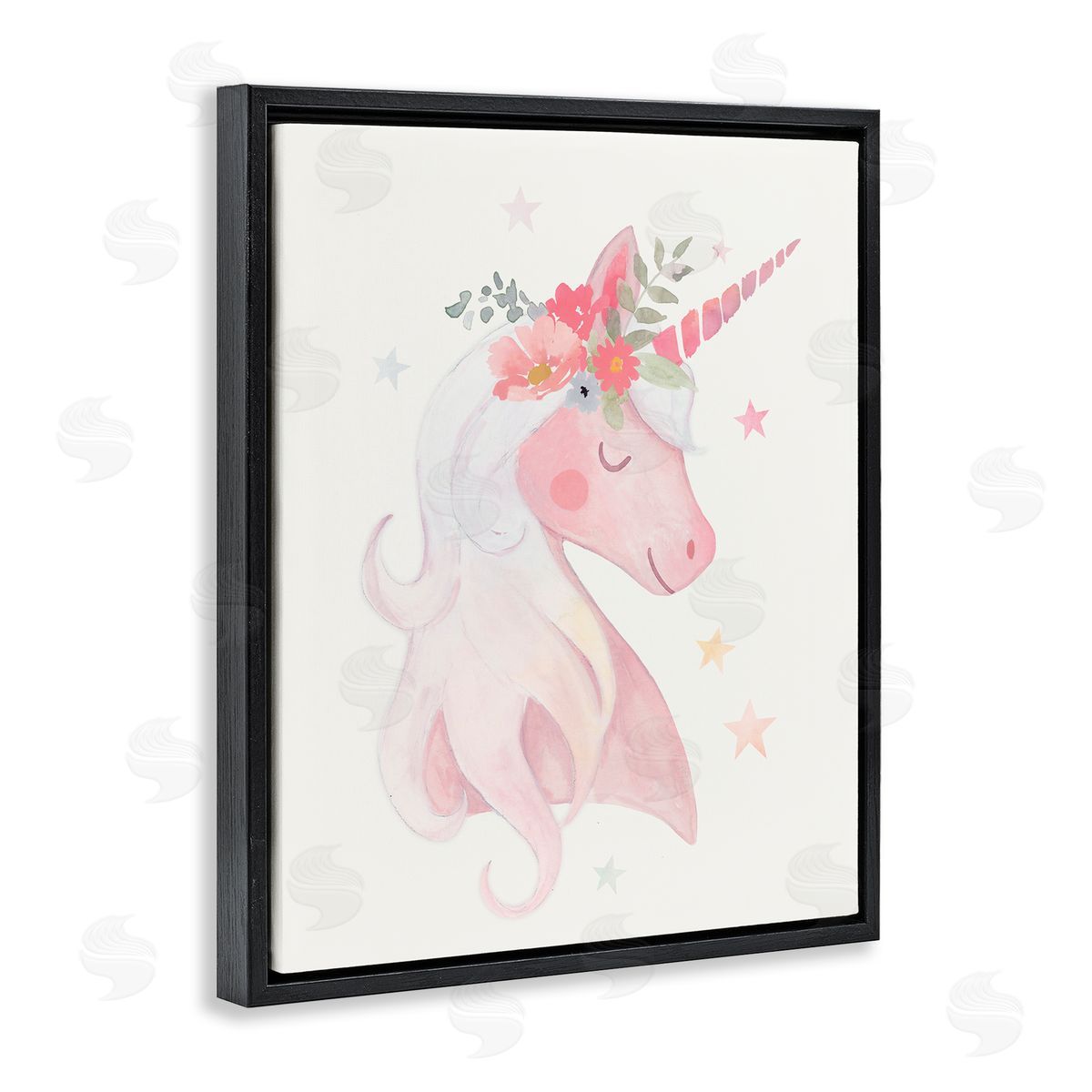 Victoria Barnes Pastel Smiling Unicorn Pink Flower Blossom Crown Black Floating Frame Canvas Wall Art Print