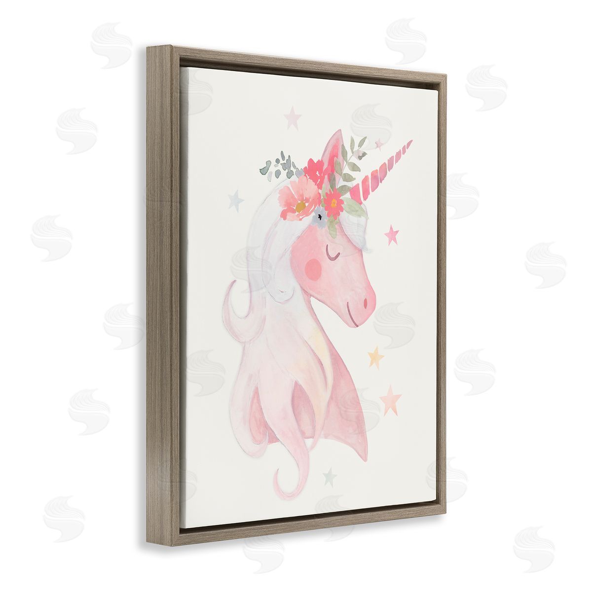 Victoria Barnes Pastel Smiling Unicorn Pink Flower Blossom Crown Brown Floating Frame Canvas Wall Art Print
