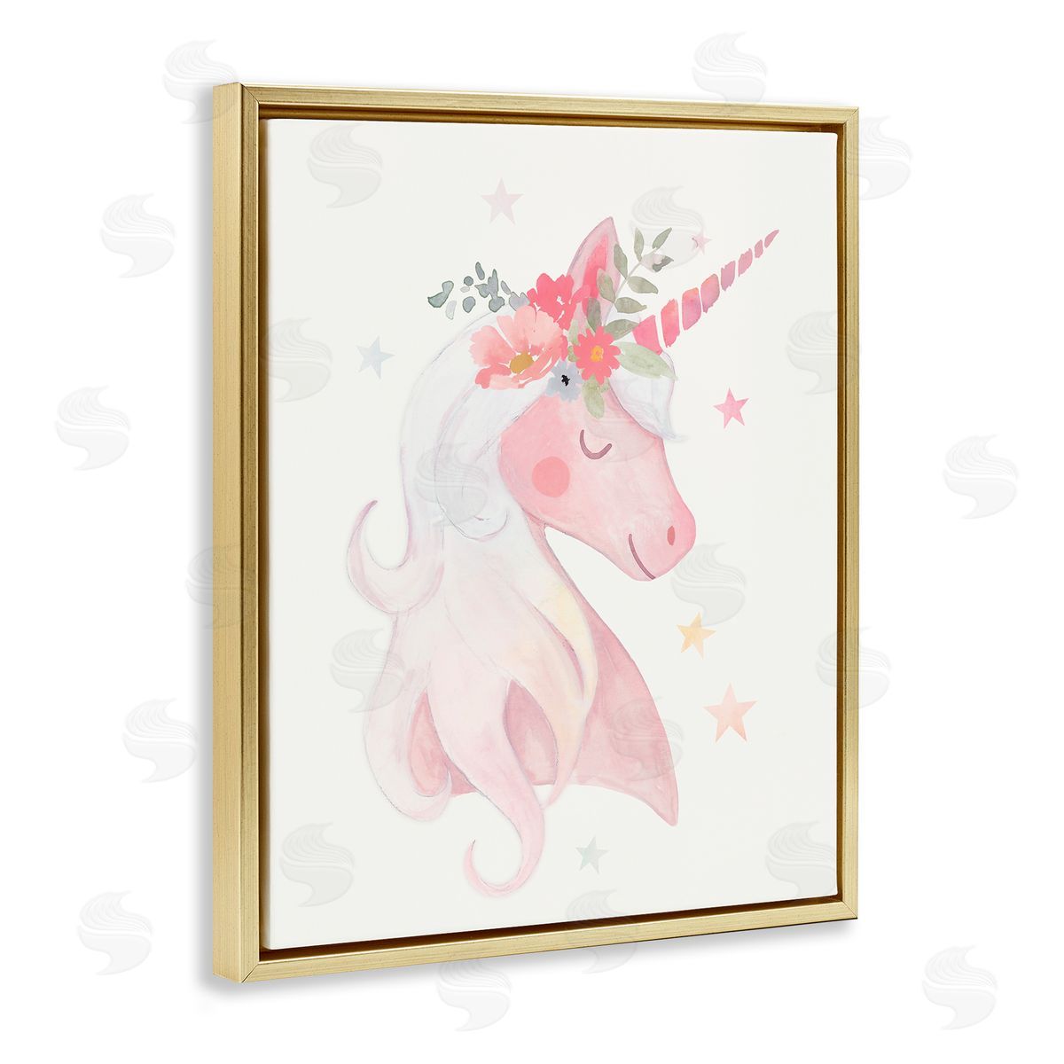 Victoria Barnes Pastel Smiling Unicorn Pink Flower Blossom Crown Gold Floating Frame Canvas Wall Art Print