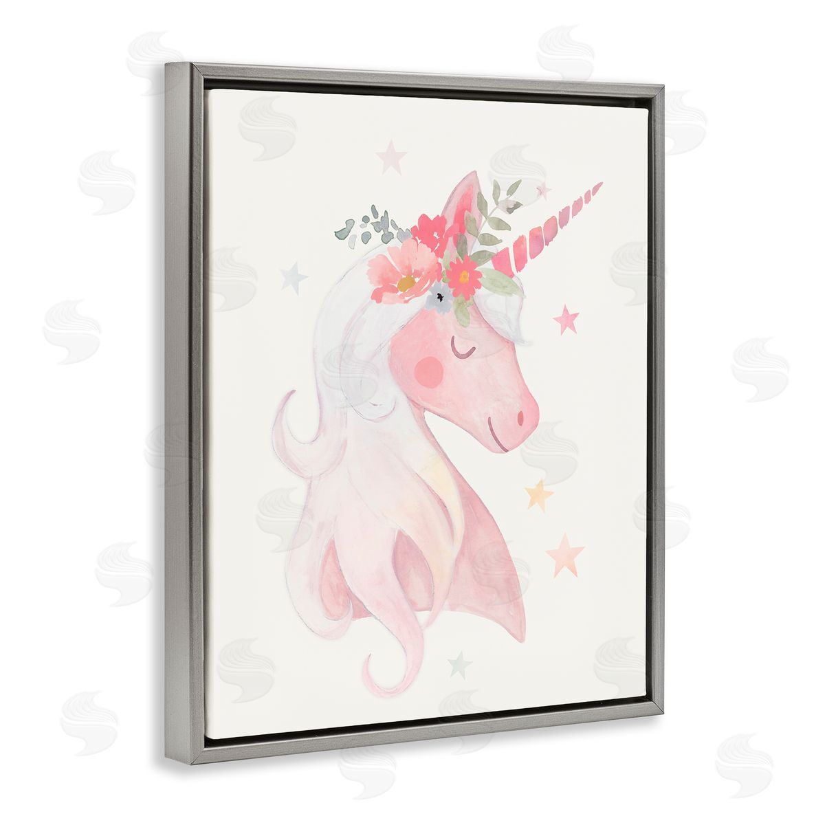 Victoria Barnes Pastel Smiling Unicorn Pink Flower Blossom Crown Gray Floating Frame Canvas Wall Art Print