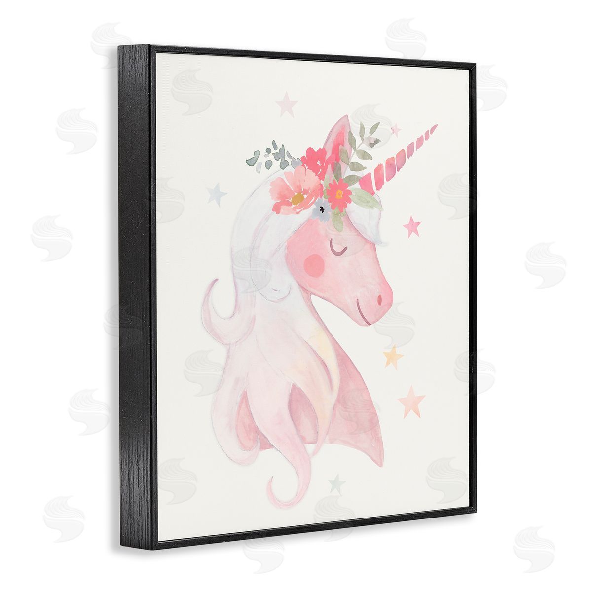 Victoria Barnes Pastel Smiling Unicorn Pink Flower Blossom Crown Black Framed Giclee Wall Art Print