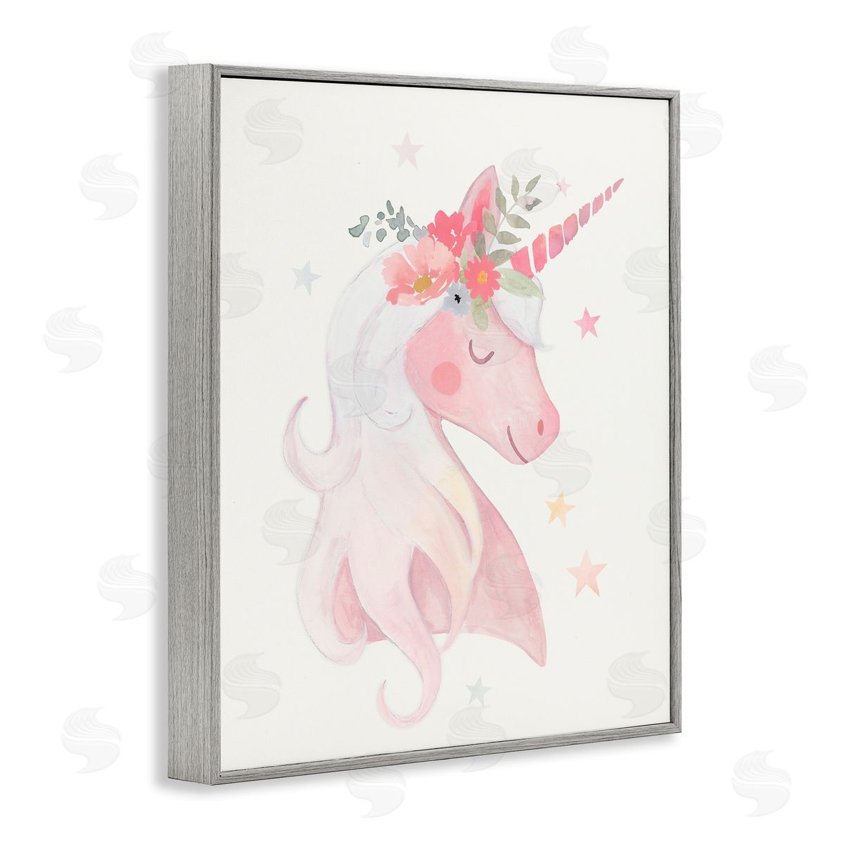 Victoria Barnes Pastel Smiling Unicorn Pink Flower Blossom Crown Gray Framed Giclee Wall Art Print