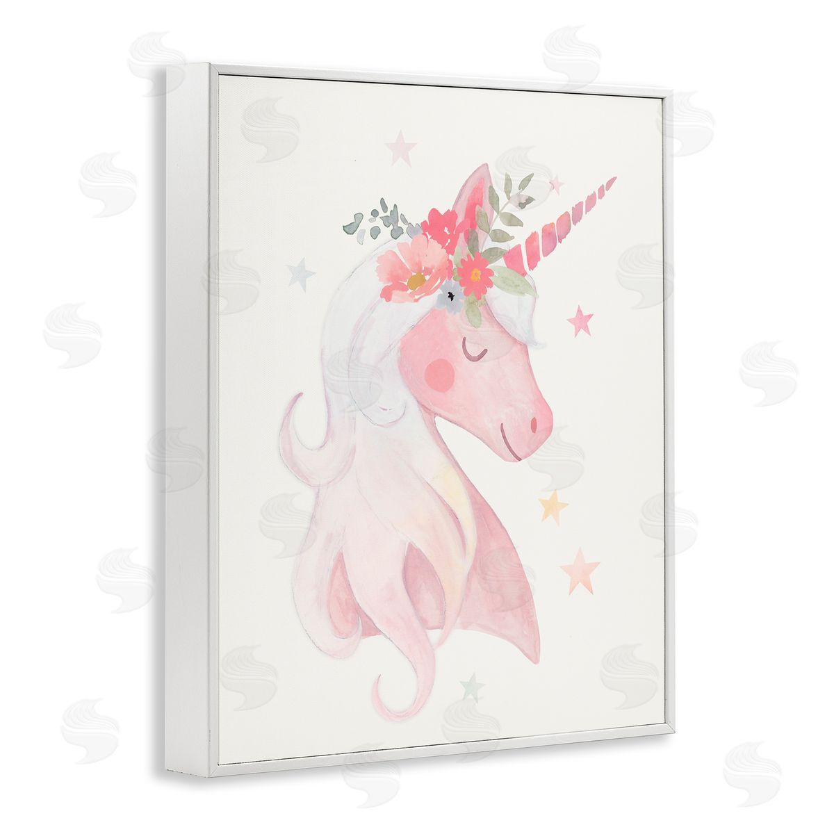 Victoria Barnes Pastel Smiling Unicorn Pink Flower Blossom Crown White Framed Giclee Wall Art Print