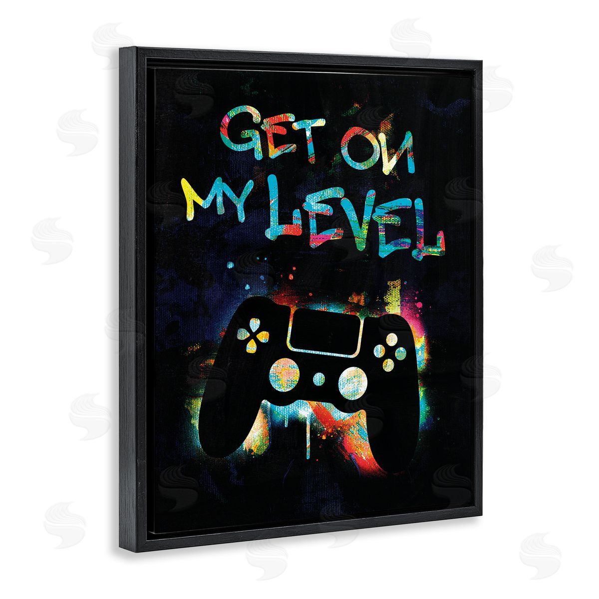Victoria Barnes Get On My Level Gaming Controller Neon Paint Splatter Black Floating Frame Canvas Wall Art Print