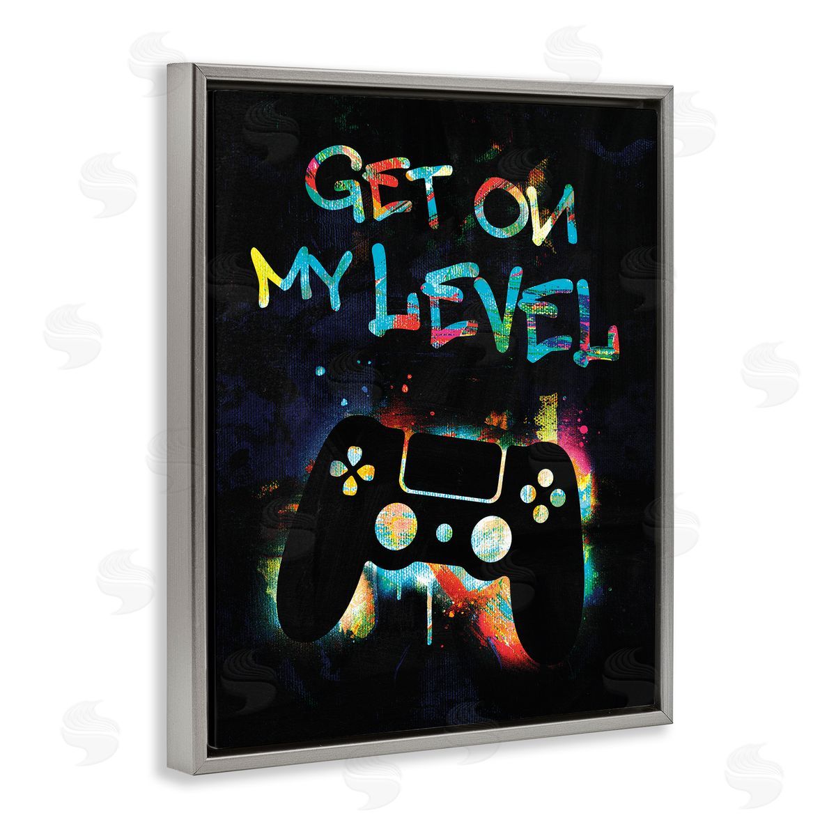 Victoria Barnes Get On My Level Gaming Controller Neon Paint Splatter Gray Floating Frame Canvas Wall Art Print