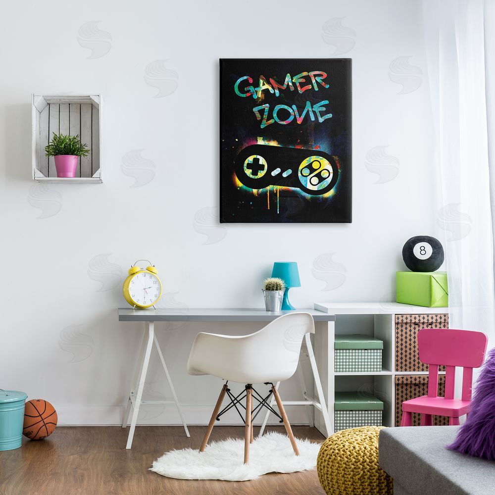 Victoria Barnes Gamer Zone Vintage Controller Neon Paint Splatter Canvas Wall Art Print in Room