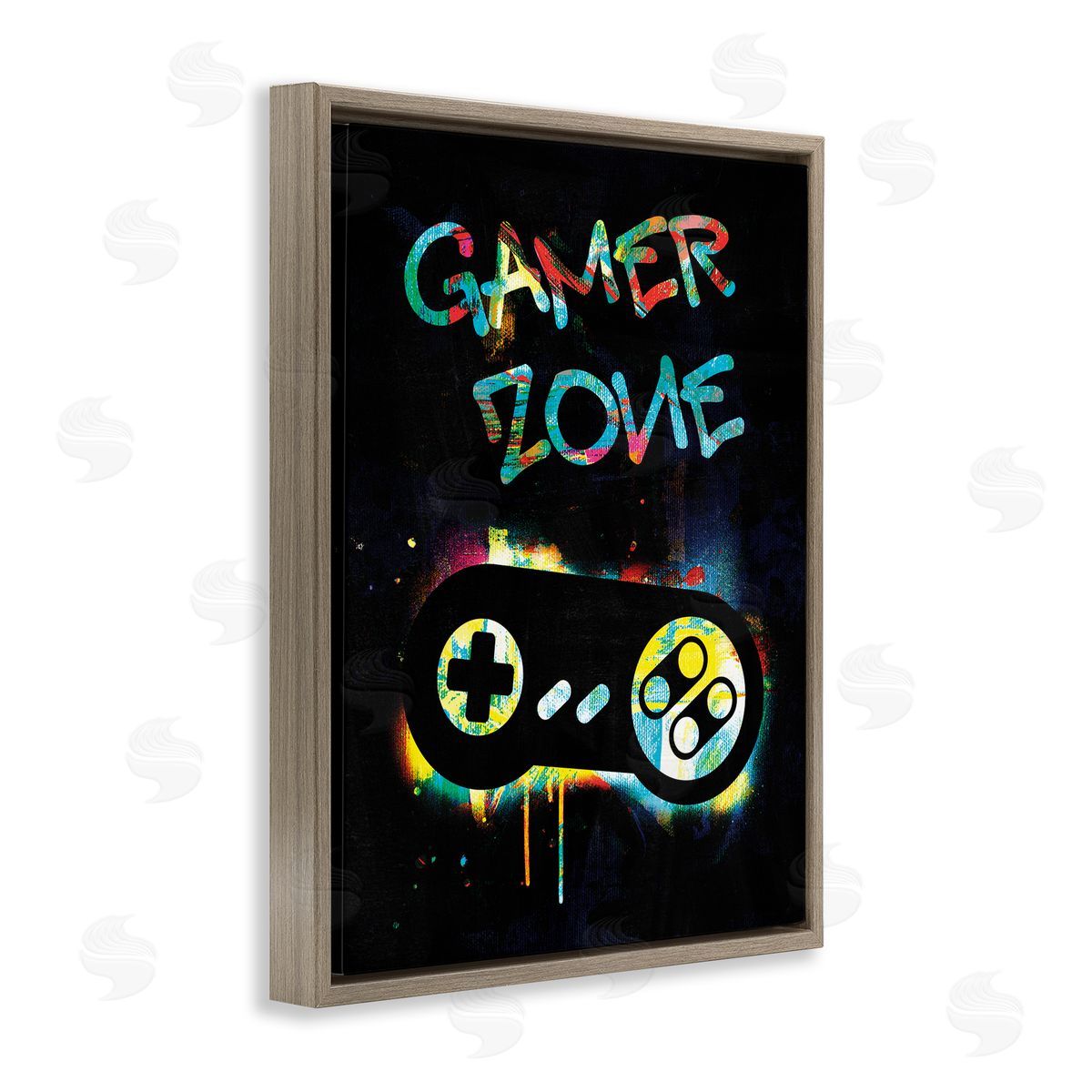 Victoria Barnes Gamer Zone Vintage Controller Neon Paint Splatter Brown Floating Frame Canvas Wall Art Print