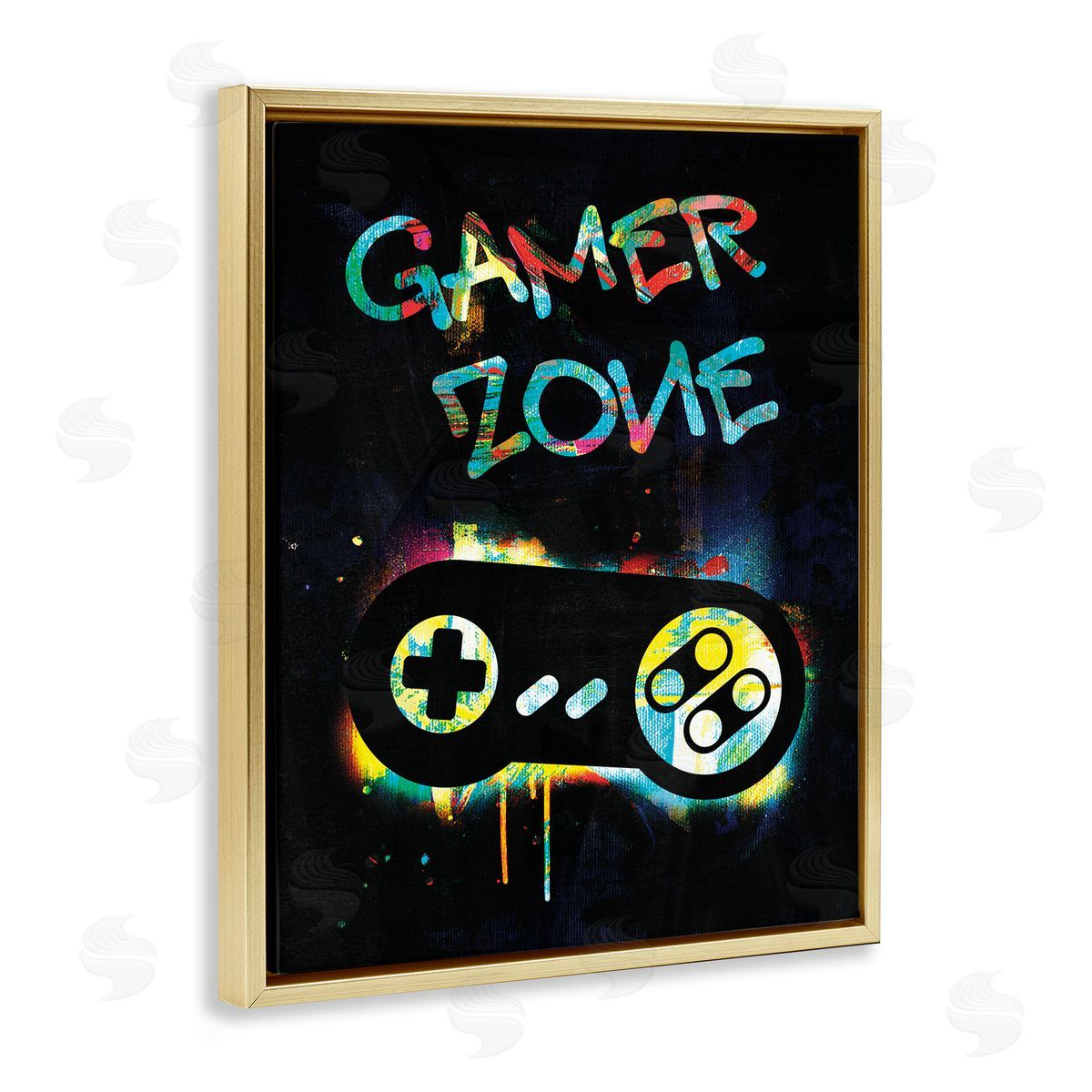 Victoria Barnes Gamer Zone Vintage Controller Neon Paint Splatter Gold Floating Frame Canvas Wall Art Print