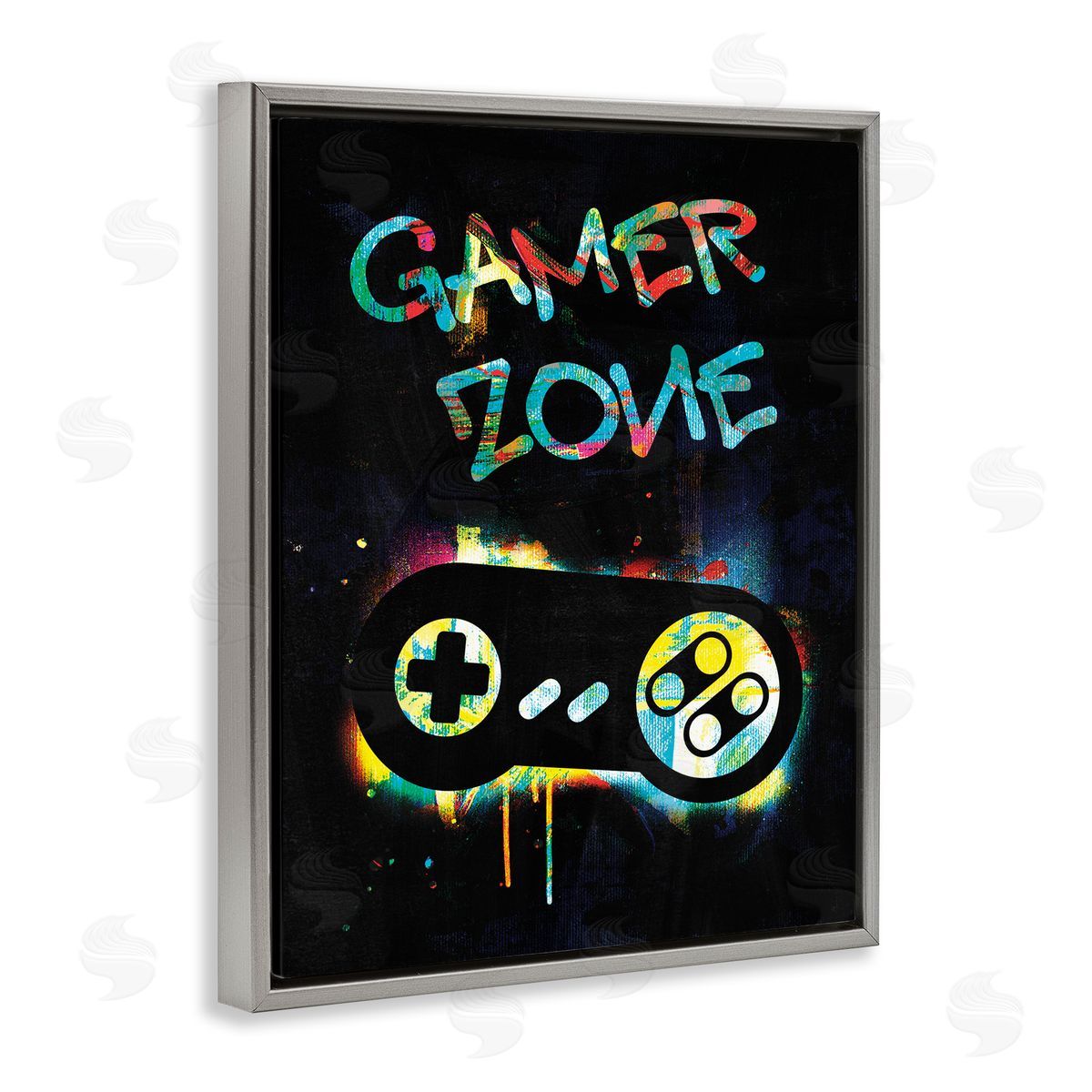 Victoria Barnes Gamer Zone Vintage Controller Neon Paint Splatter Gray Floating Frame Canvas Wall Art Print