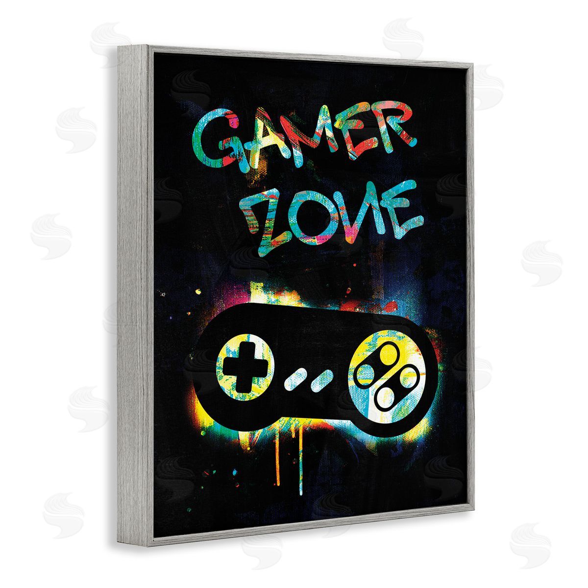 Victoria Barnes Gamer Zone Vintage Controller Neon Paint Splatter Gray Framed Giclee Wall Art Print