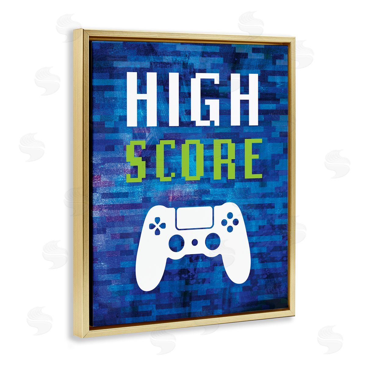 Victoria Barnes High Score Pixel Gaming Controller Typography  Gold Floating Frame Canvas Wall Art Print