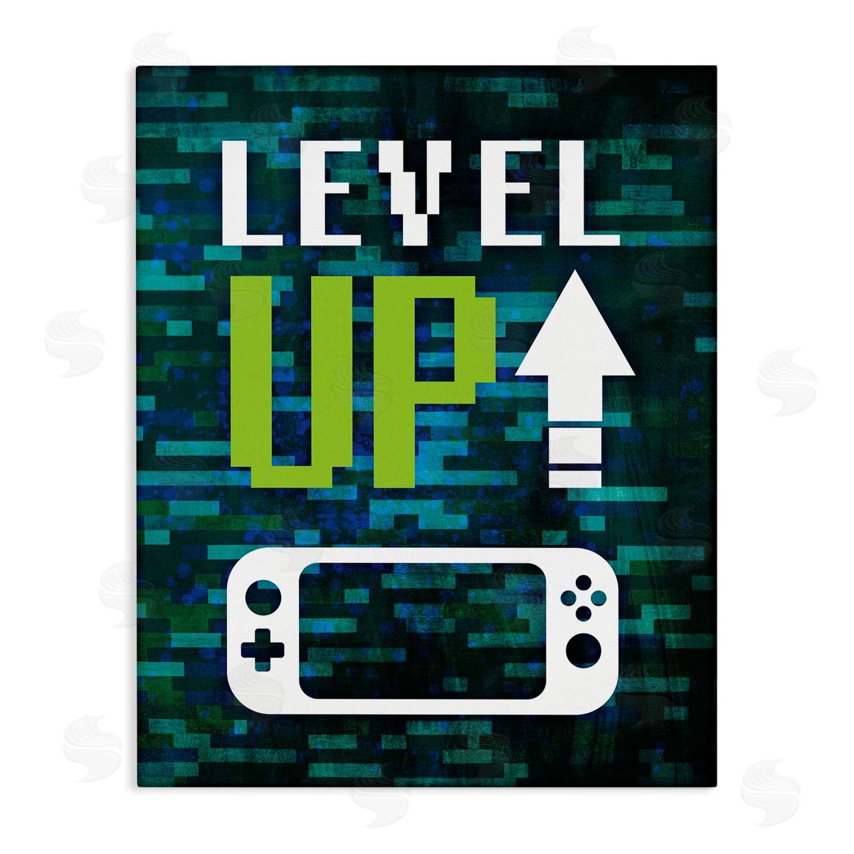 Victoria Barnes Level Up Video Gaming Pixel Text Stretched Canvas Wall Art Print