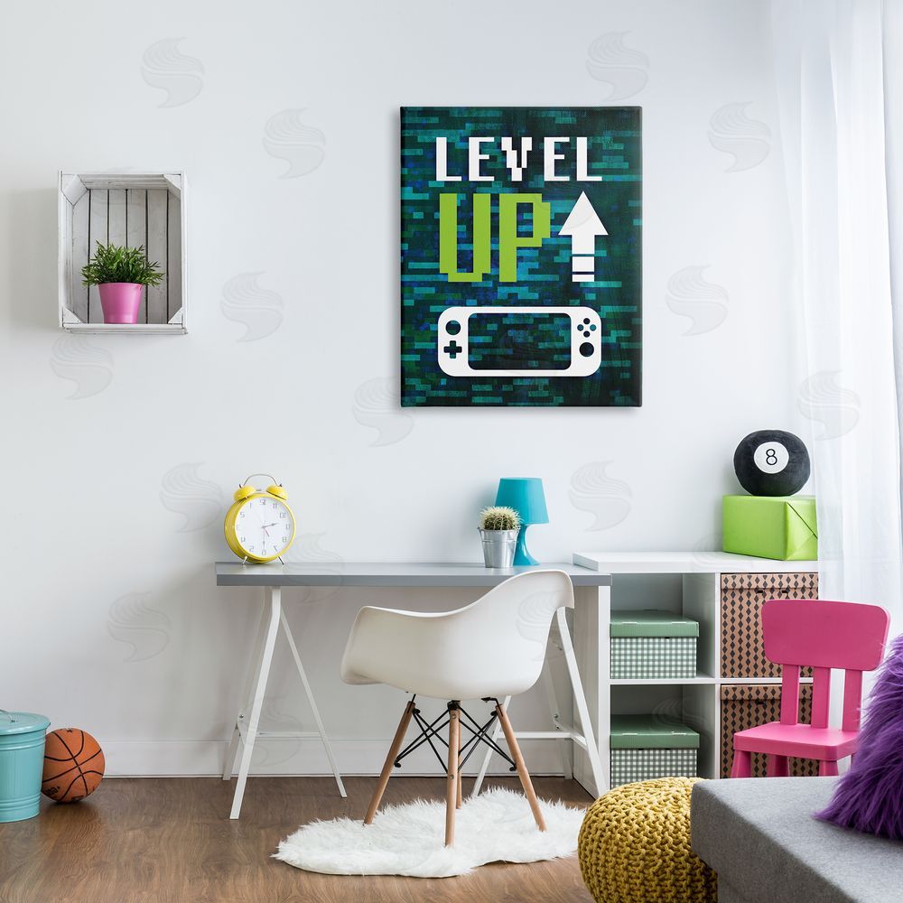 Victoria Barnes Level Up Video Gaming Pixel Text Canvas Wall Art Print in Room