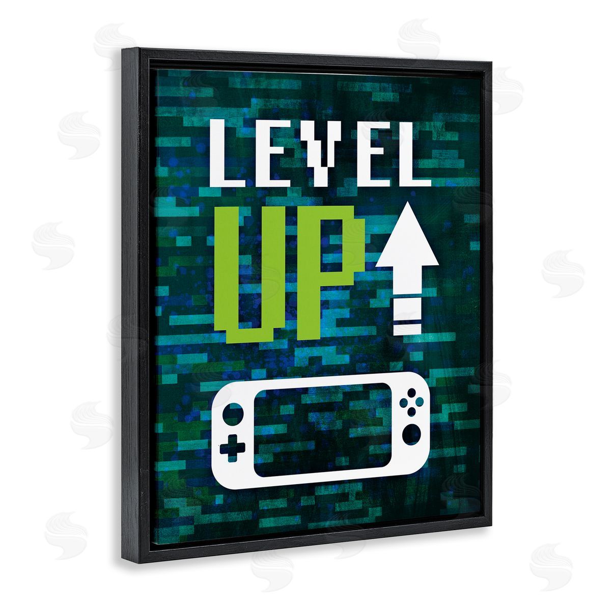 Victoria Barnes Level Up Video Gaming Pixel Text Black Floating Frame Canvas Wall Art Print