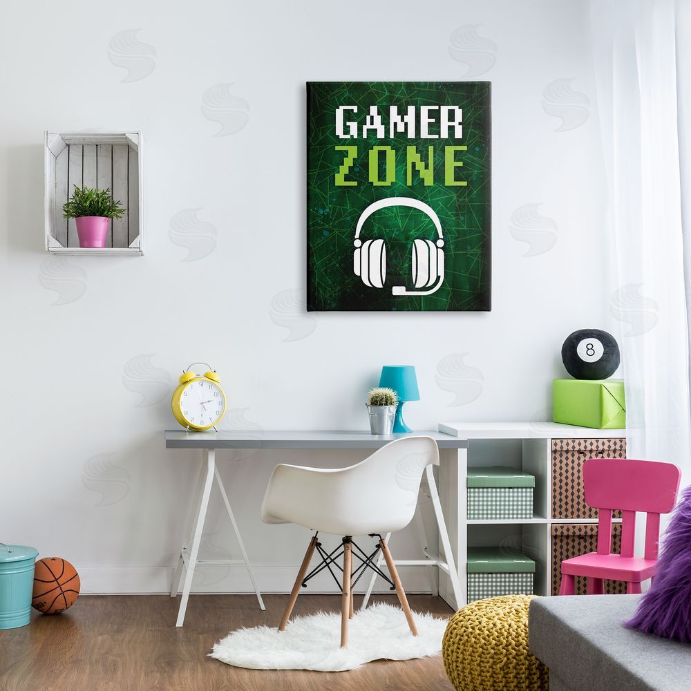 Victoria Barnes Gamer Zone Headset Geometric Pattern Pixel Text Canvas Wall Art Print in Room