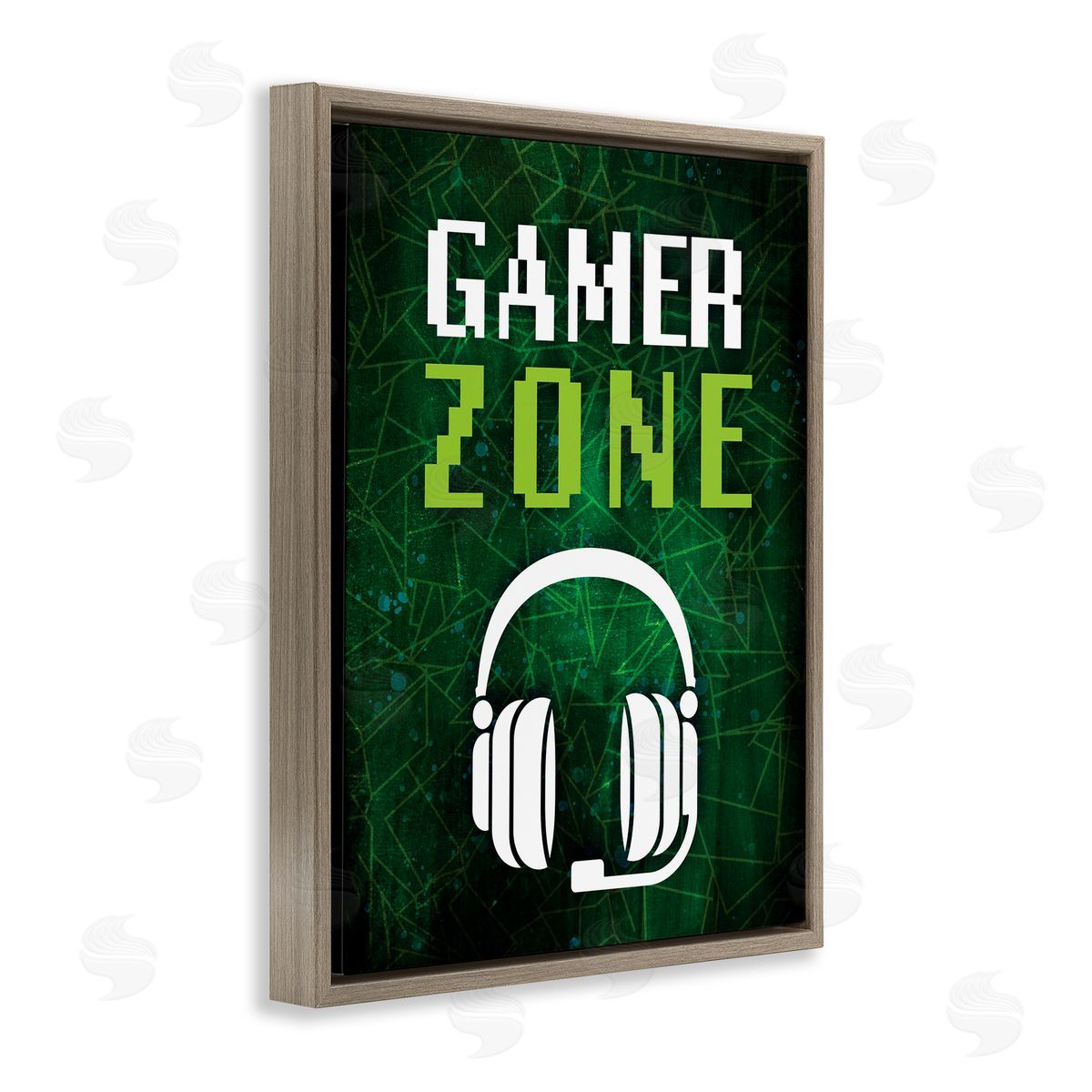 Victoria Barnes Gamer Zone Headset Geometric Pattern Pixel Text Brown Floating Frame Canvas Wall Art Print