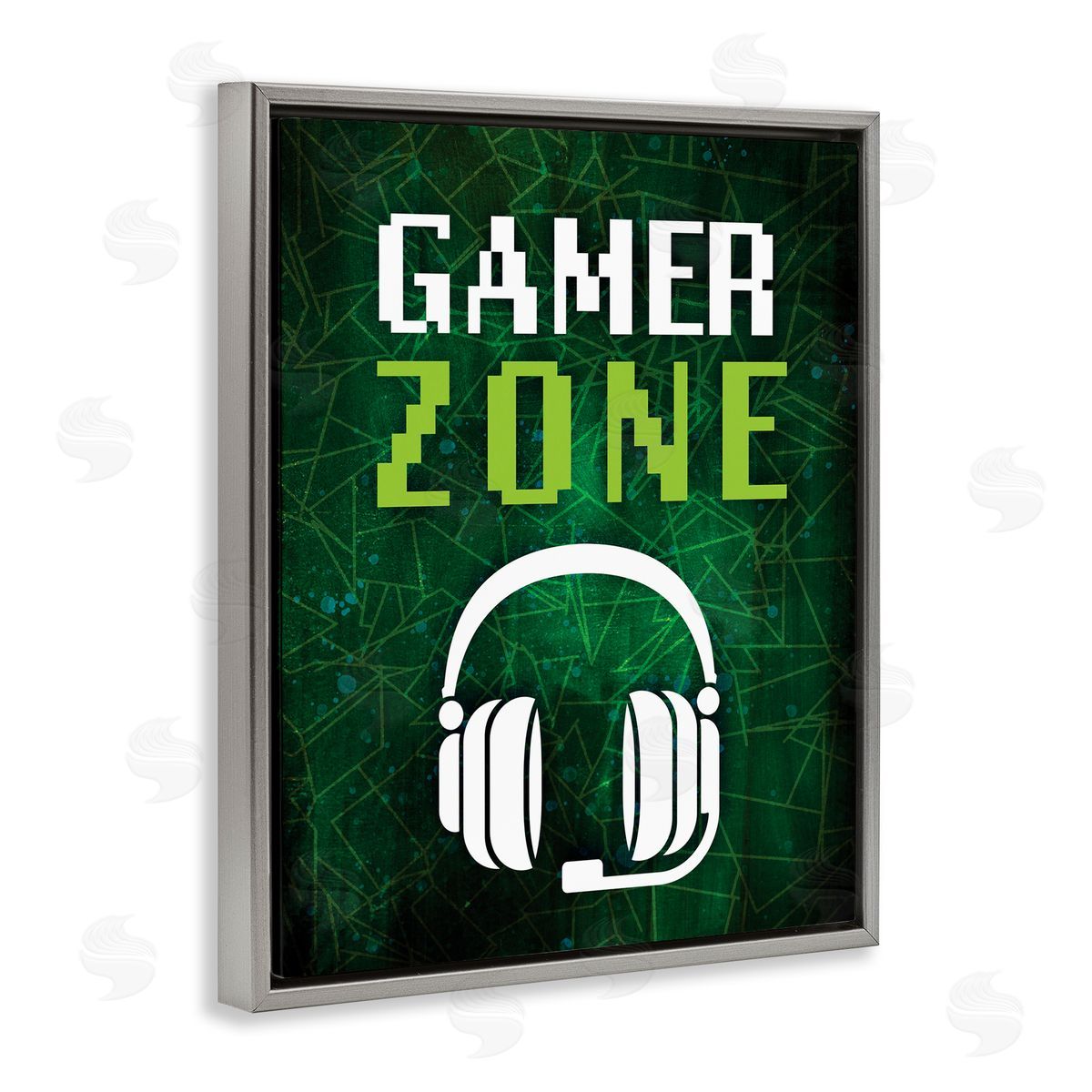 Victoria Barnes Gamer Zone Headset Geometric Pattern Pixel Text Gray Floating Frame Canvas Wall Art Print