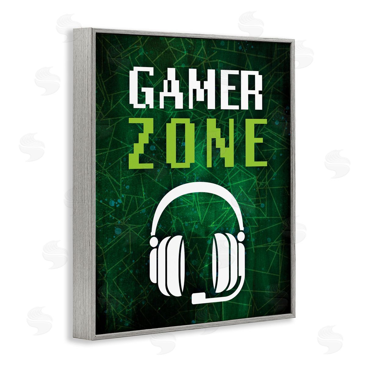 Victoria Barnes Gamer Zone Headset Geometric Pattern Pixel Text Gray Framed Giclee Wall Art Print
