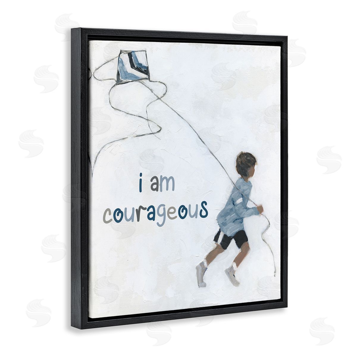 Sally Swatland I Am Courageous Child Flying Kite Uplifting Phrase Black Floating Frame Canvas Wall Art Print