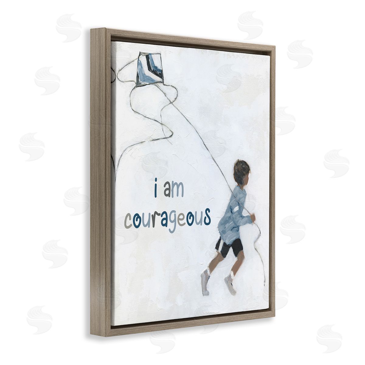 Sally Swatland I Am Courageous Child Flying Kite Uplifting Phrase Brown Floating Frame Canvas Wall Art Print