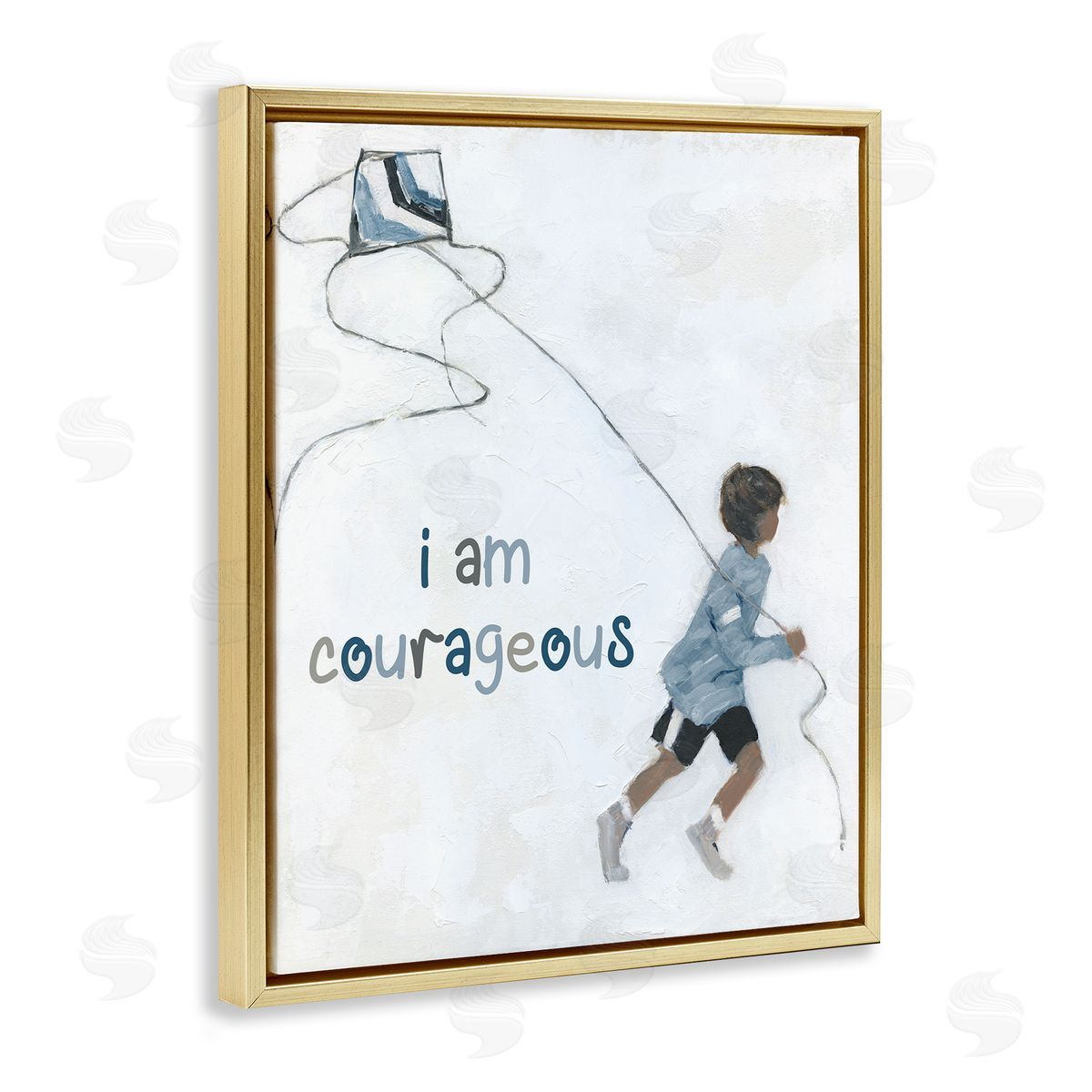 Sally Swatland I Am Courageous Child Flying Kite Uplifting Phrase Gold Floating Frame Canvas Wall Art Print