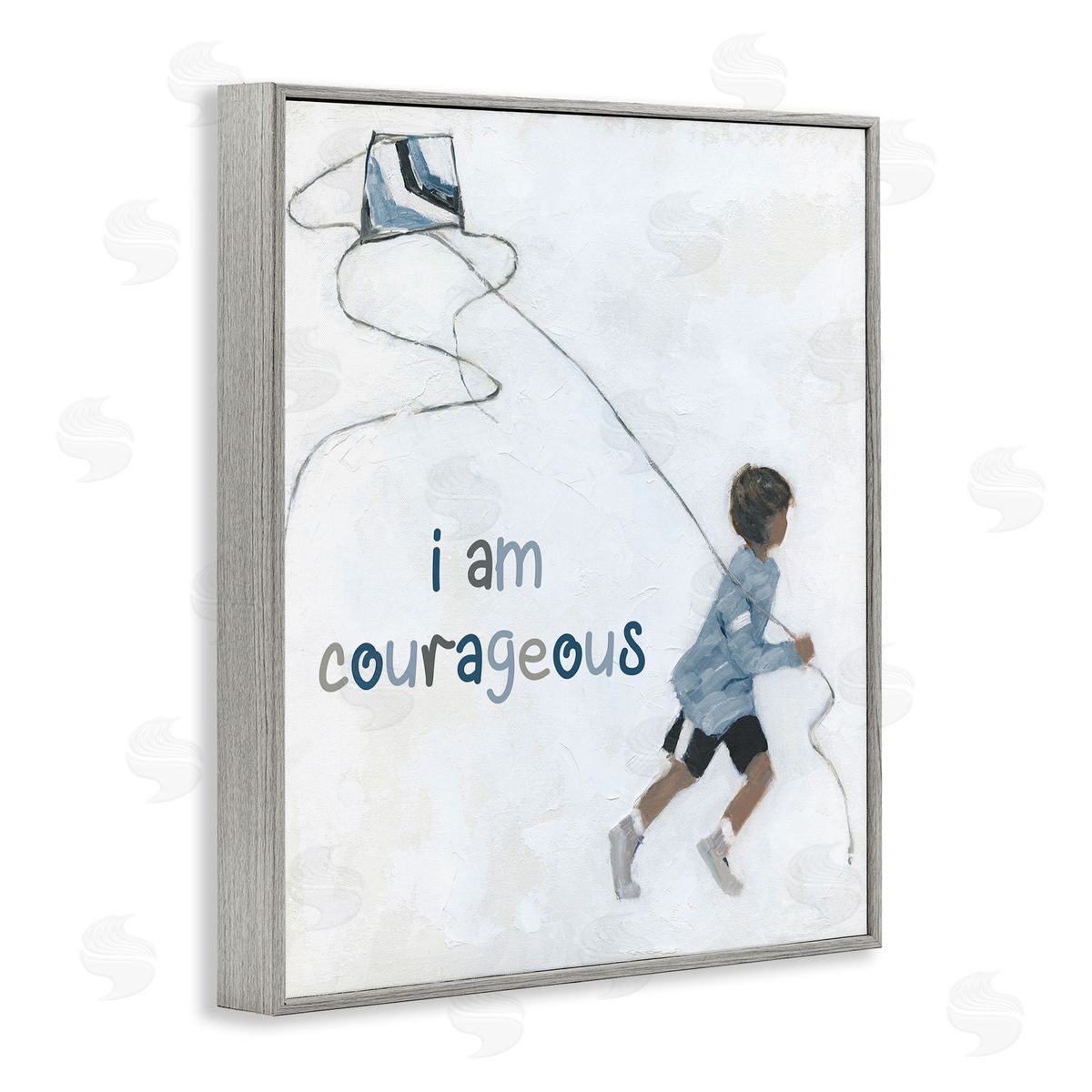 Sally Swatland I Am Courageous Child Flying Kite Uplifting Phrase Gray Framed Giclee Wall Art Print