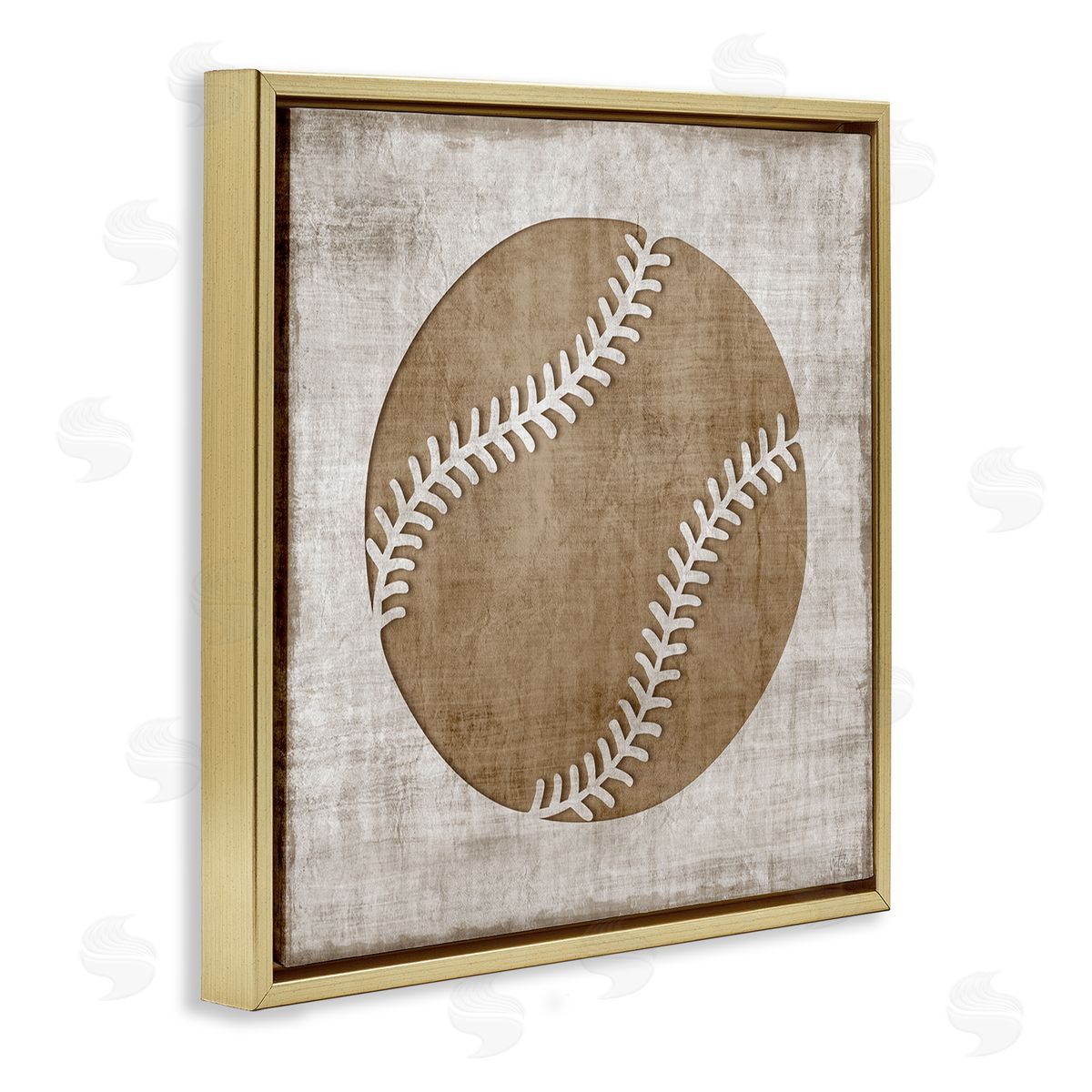 Natalie Carpentieri Weathered Baseball Silhouette Shape Rustic Sports Sign Gold Floating Frame Canvas Wall Art Print