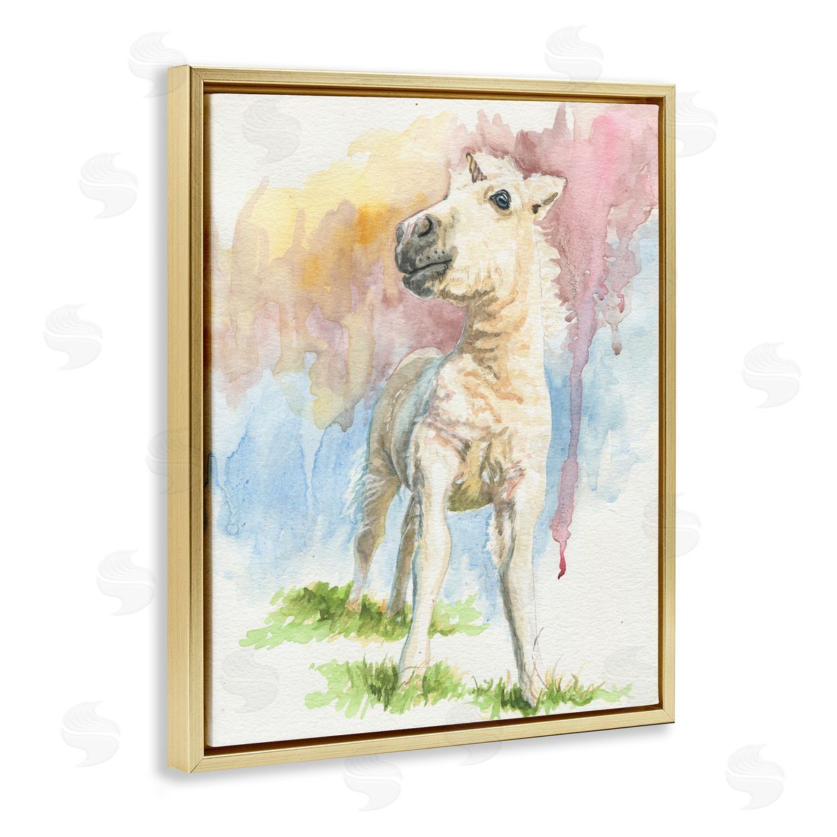 Jennifer Redstreake Stoic Fantasy Unicorn Pastel Dripping Watercolor Detail Gold Floating Frame Canvas Wall Art Print